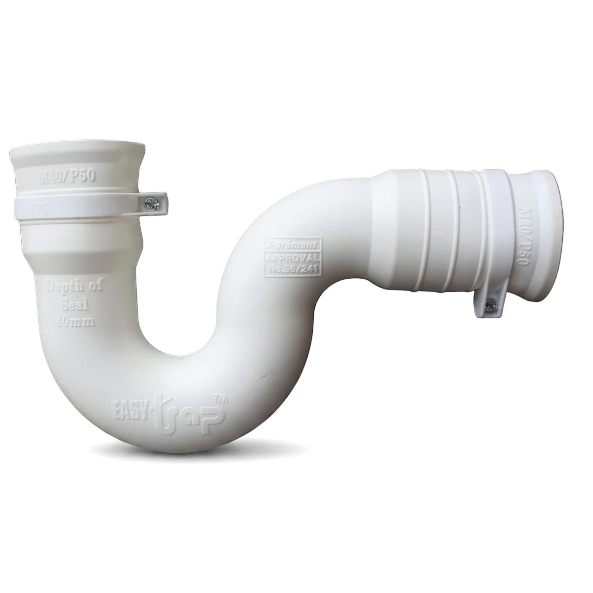 White plastic mini P-trap pipe for plumbing, featuring 38mm waste and 50mm pipe with adapter.