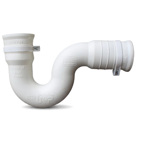 White plastic mini P-trap pipe for plumbing, featuring 38mm waste and 50mm pipe with adapter.