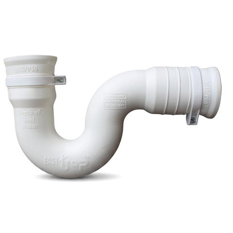 White plastic mini P-trap pipe for plumbing, featuring 38mm waste and 50mm pipe with adapter.