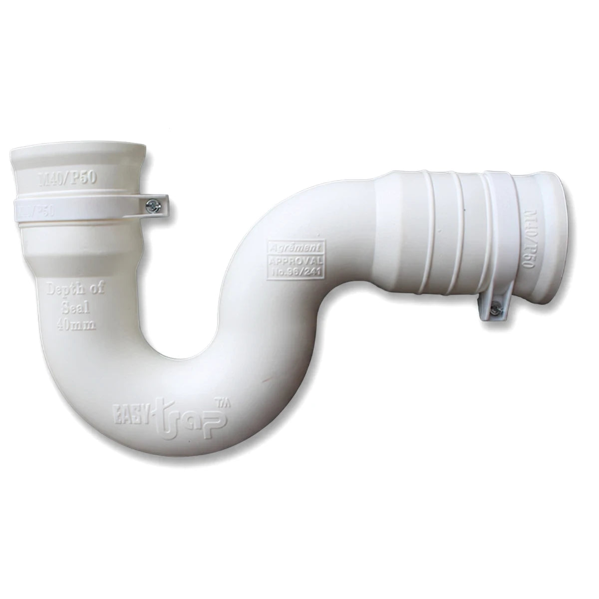 White plastic Mini P-Trap, 40mm by 50mm, from Easy-Trap, for plumbing waste systems.
