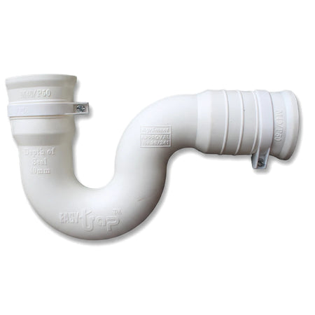 White plastic Mini P-Trap, 40mm by 50mm, from Easy-Trap, for plumbing waste systems.