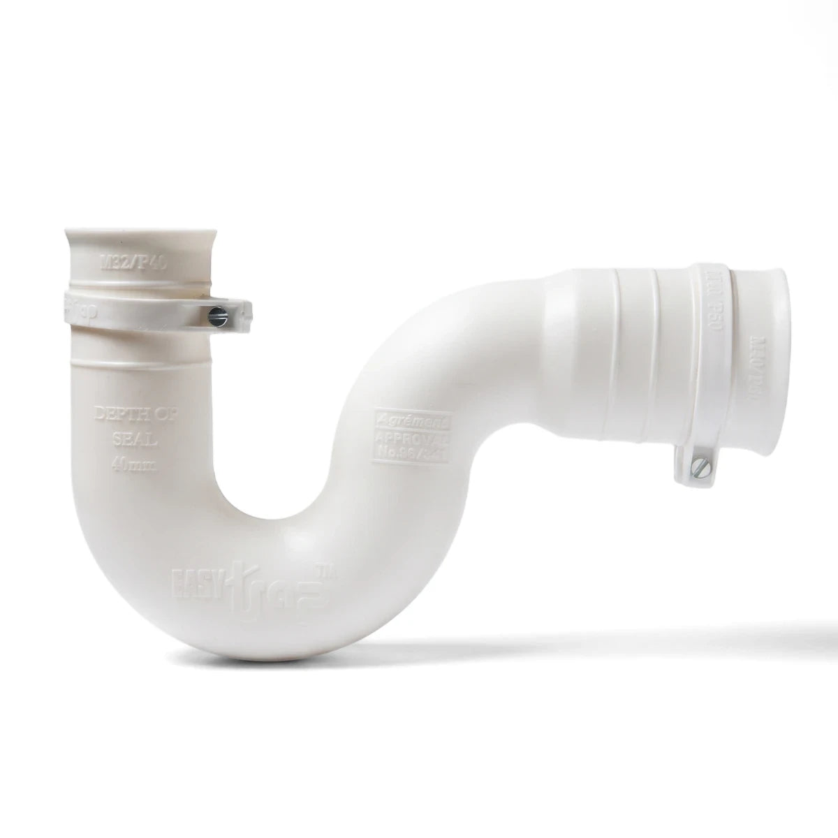 White mini P-trap plastic plumbing fitting with a 32mm x 40mm pipe connection and a 50x40mm adapter.