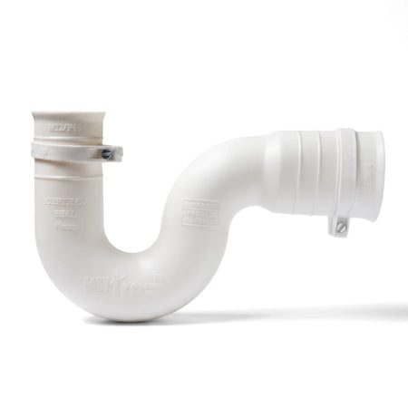 White mini P-trap plastic plumbing fitting with a 32mm x 40mm pipe connection and a 50x40mm adapter.