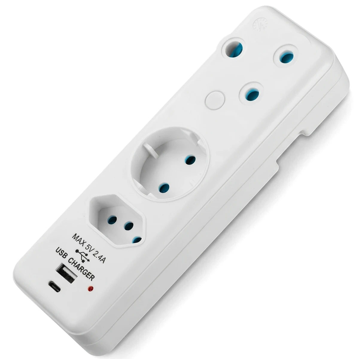 White multi-adapter with a USB charger, a Schuko socket, and a 5A socket, shown from an angled view.