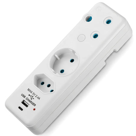White multi-adapter with a USB charger, a Schuko socket, and a 5A socket, shown from an angled view.