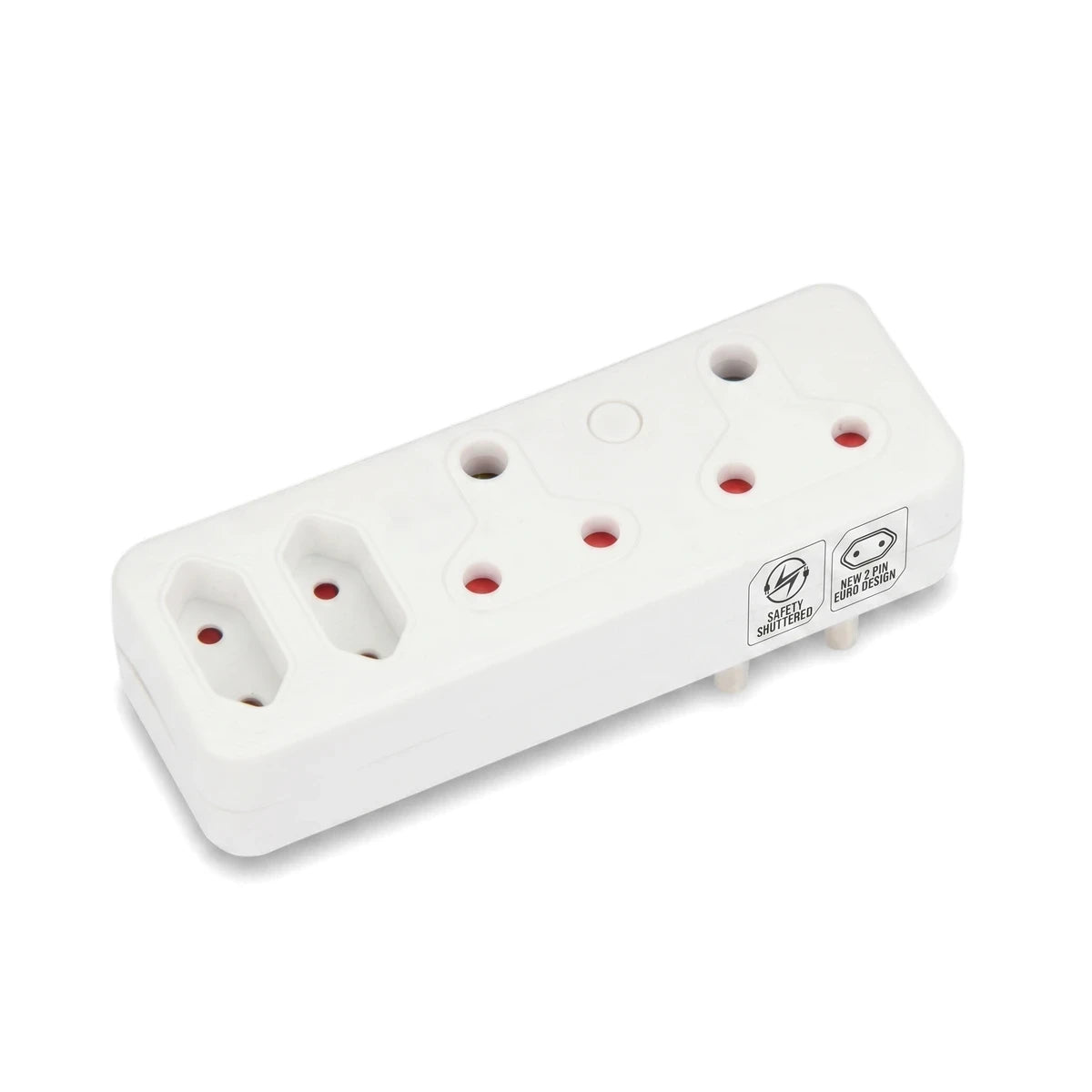 White multi-configuration plug adapter with 2X16A and 2Xeuro sockets, featuring safety shutters for power protection.