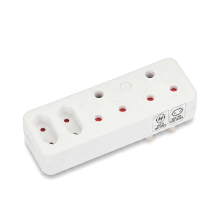 White multi-configuration plug adapter with 2X16A and 2Xeuro sockets, featuring safety shutters for power protection.