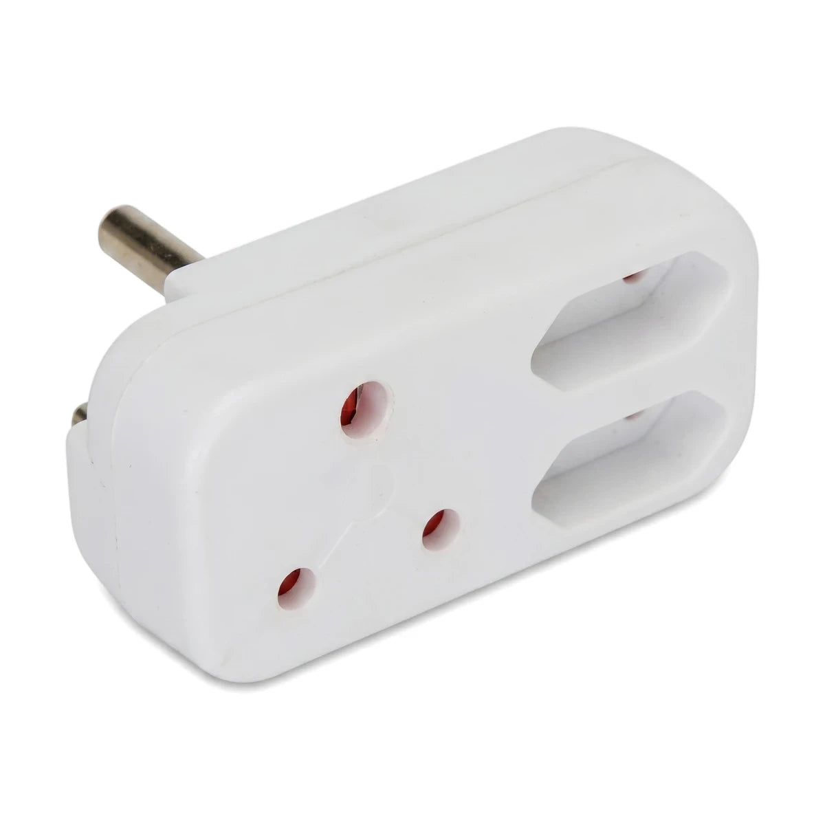 A white multi-configuration plug adapter featuring a two-pronged male plug, one 16A three-pin socket, and two 5A two-pin
