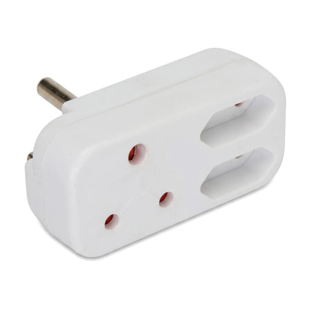 A white multi-configuration plug adapter featuring a two-pronged male plug, one 16A three-pin socket, and two 5A two-pin