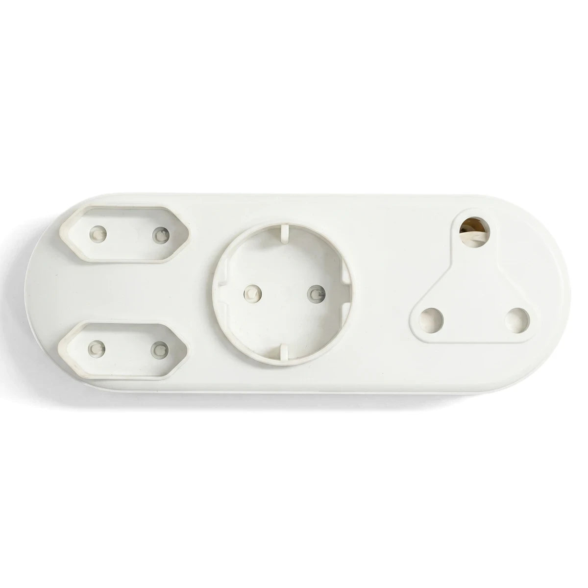 White multi-configuration plug adapter with two 2-pin, one Schuko, and one 3-pin round socket types.
