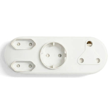 White multi-configuration plug adapter with two 2-pin, one Schuko, and one 3-pin round socket types.