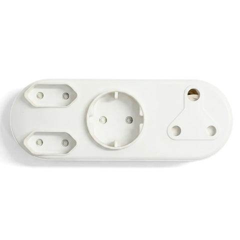 White multi-configuration plug adapter with two 2-pin, one Schuko, and one 3-pin round socket types.