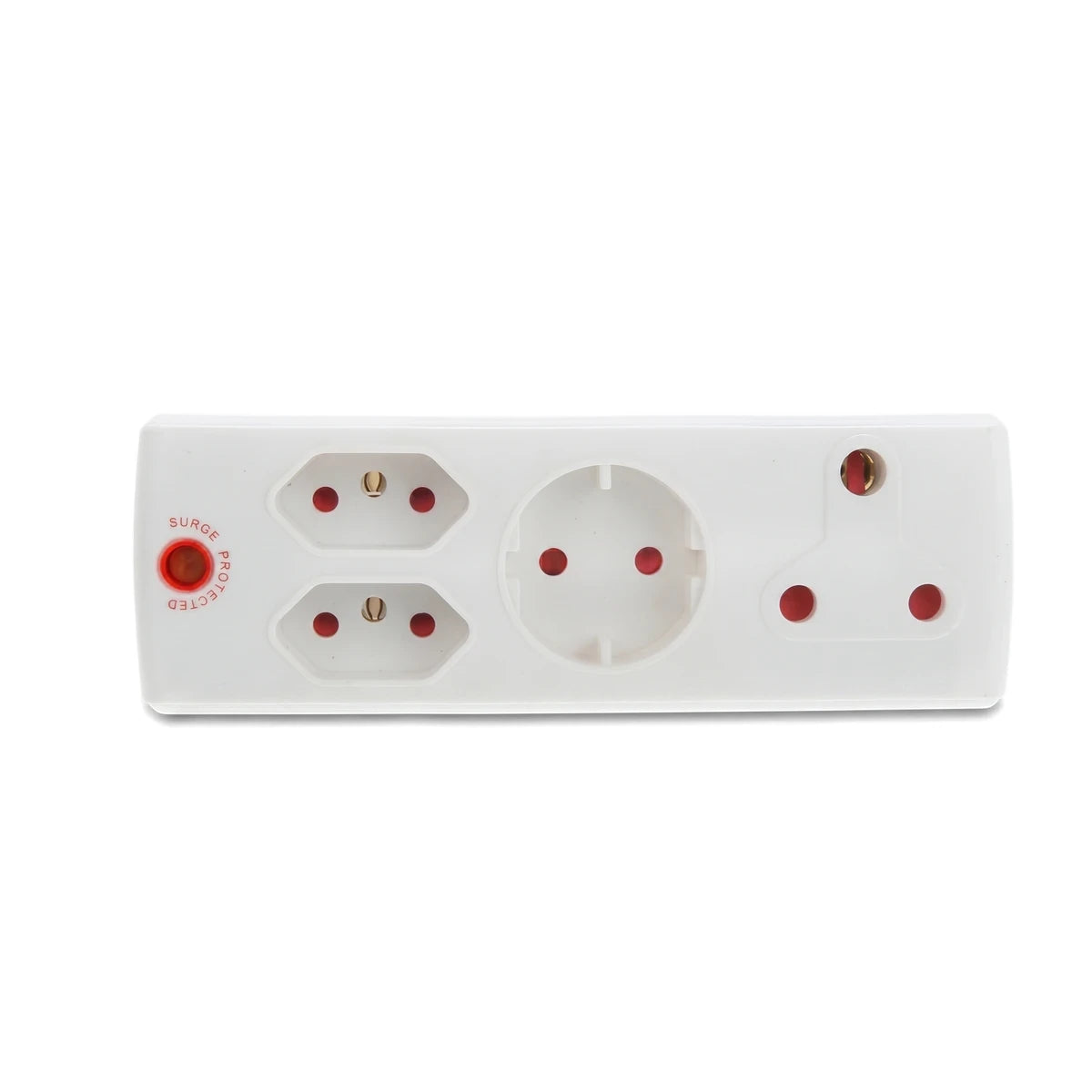 White multi-configuration plug adapter with one 16A, two 5A, and one Schuko-type socket, featuring a red surge protected