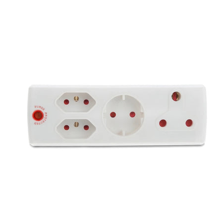 White multi-configuration plug adapter with one 16A, two 5A, and one Schuko-type socket, featuring a red surge protected
