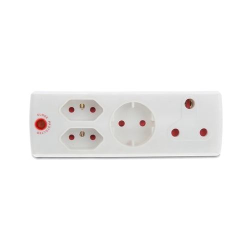 White multi-configuration plug adapter with one 16A, two 5A, and one Schuko-type socket, featuring a red surge protected