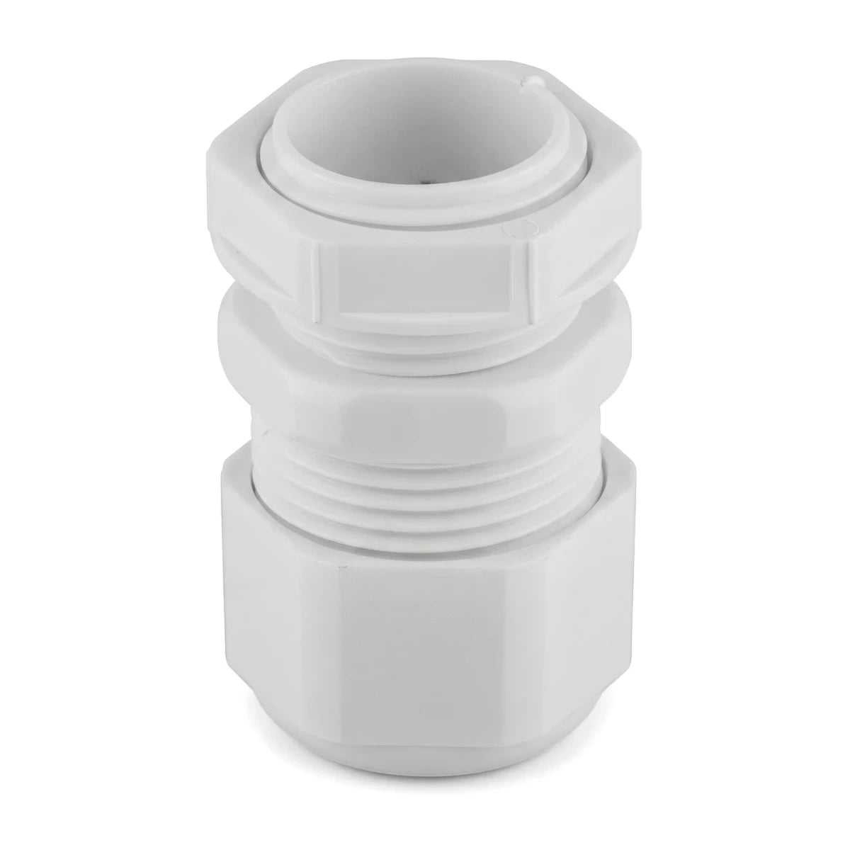 White No. 0 threaded PVC cable gland, designed for securing and sealing electrical cables, shown vertically.
