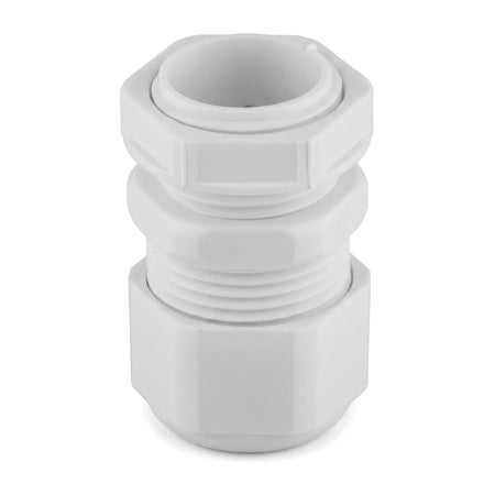 White No. 0 threaded PVC cable gland, designed for securing and sealing electrical cables, shown vertically.