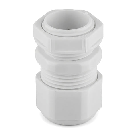 White No. 0 threaded PVC cable gland, designed for securing and sealing electrical cables, shown vertically.