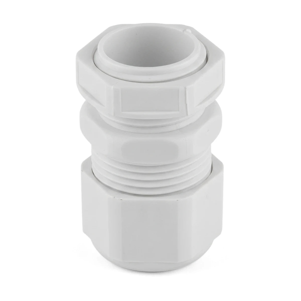 White No. 1 threaded PVC gland kit shown vertically, highlighting its durable construction and secure cable sealing design.