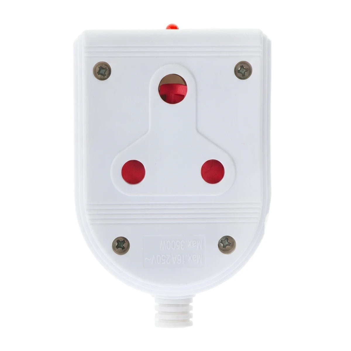 White nylon double coupler connector with three-pin safety shuttered sockets and a red LED power indicator.