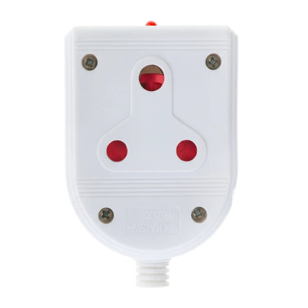 White nylon double coupler connector with three-pin safety shuttered sockets and a red LED power indicator.