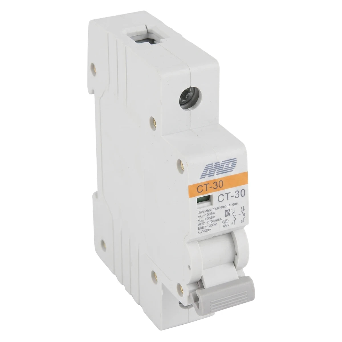 White and orange single pole 10A 3Ka circuit breaker for DIN rail mounting, shown from an angled perspective.