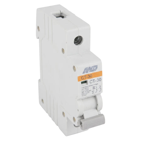 White and orange single pole 10A 3Ka circuit breaker for DIN rail mounting, shown from an angled perspective.