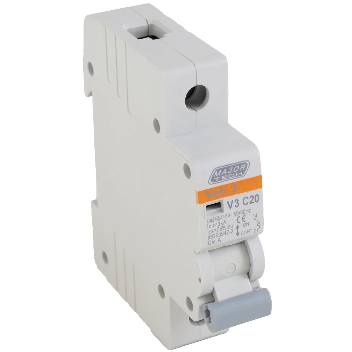 White and orange single pole DIN rail circuit breaker, 20A 3kA, for electrical circuit protection.