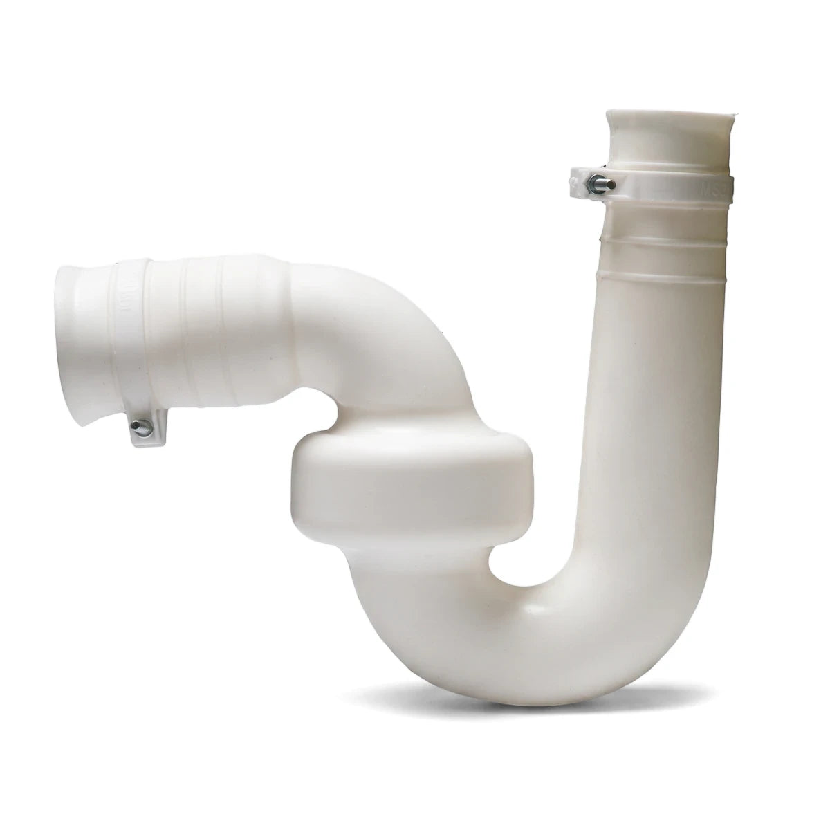 White plastic P-trap plumbing pipe, 38mm waste by 50mm pipe with 32x40mm adapter, for sink or drain connection.