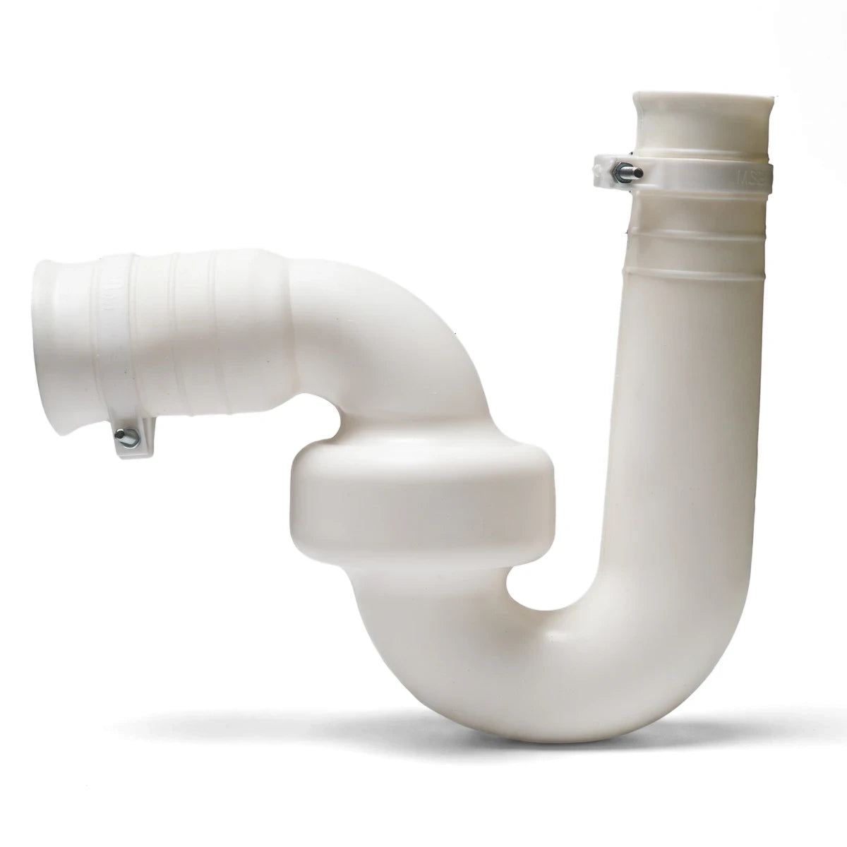 White plastic 32mmx50mm P-trap with reseal feature for plumbing applications, shown in a studio shot.