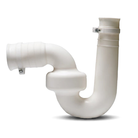 White P-Trap with Reseal for 38mm waste and 50mm pipe connections, made of durable plastic.