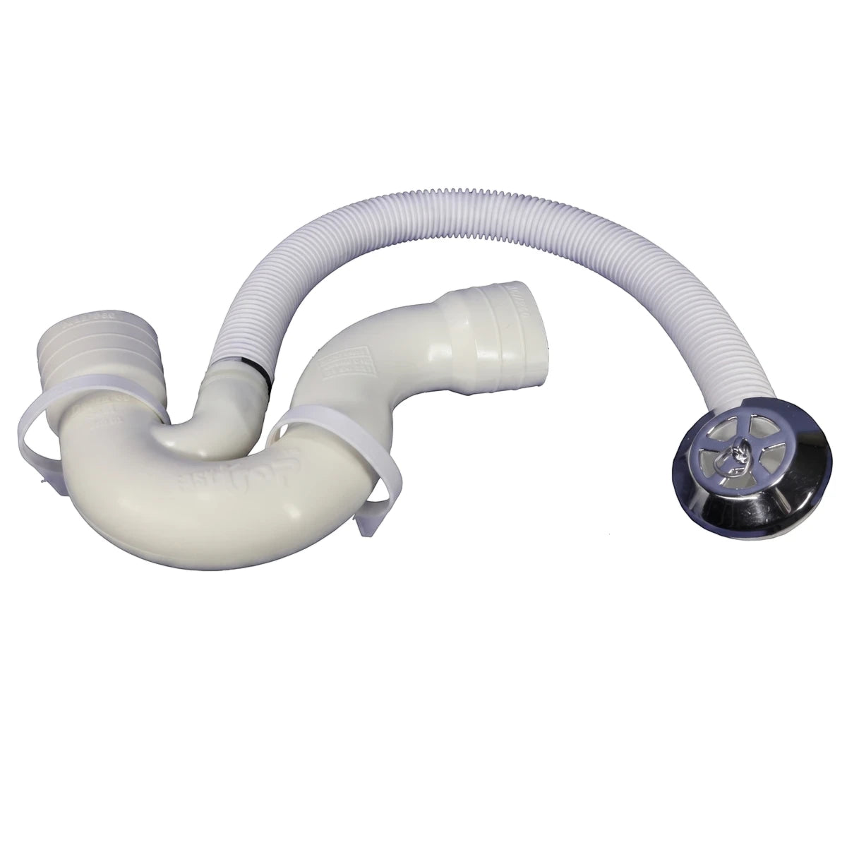White plain bath trap with overflow, featuring a flexible 38mm waste pipe, 50mm pipe, and a polished chrome drain.