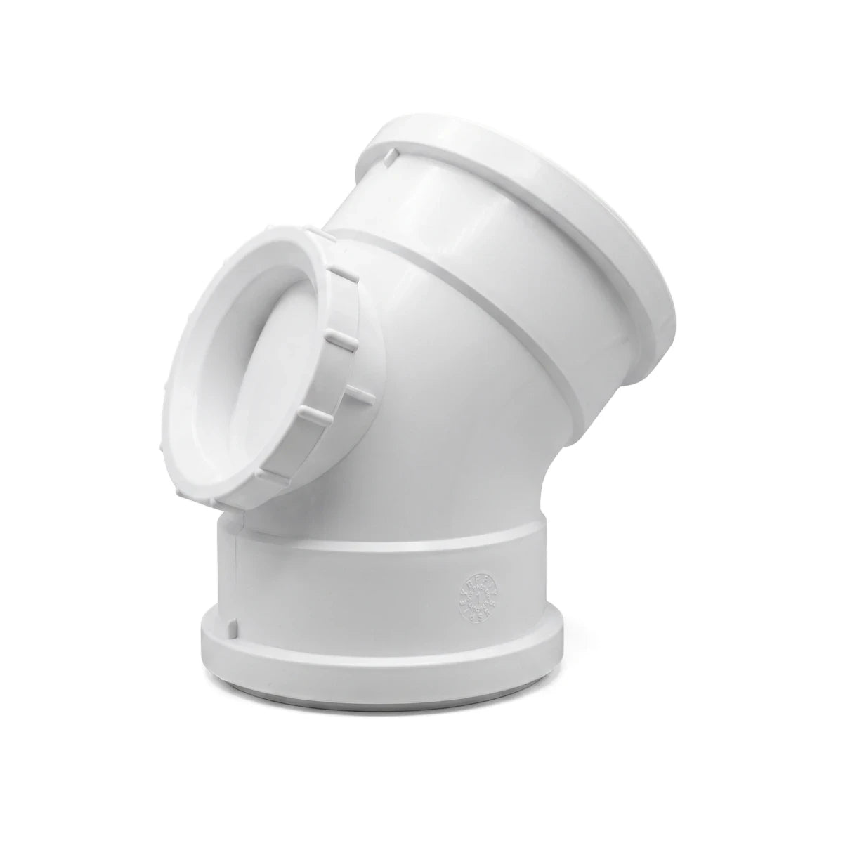 White plastic 110mm x 45-degree soil/vent bend with an access heel, a plumbing pipe fitting.