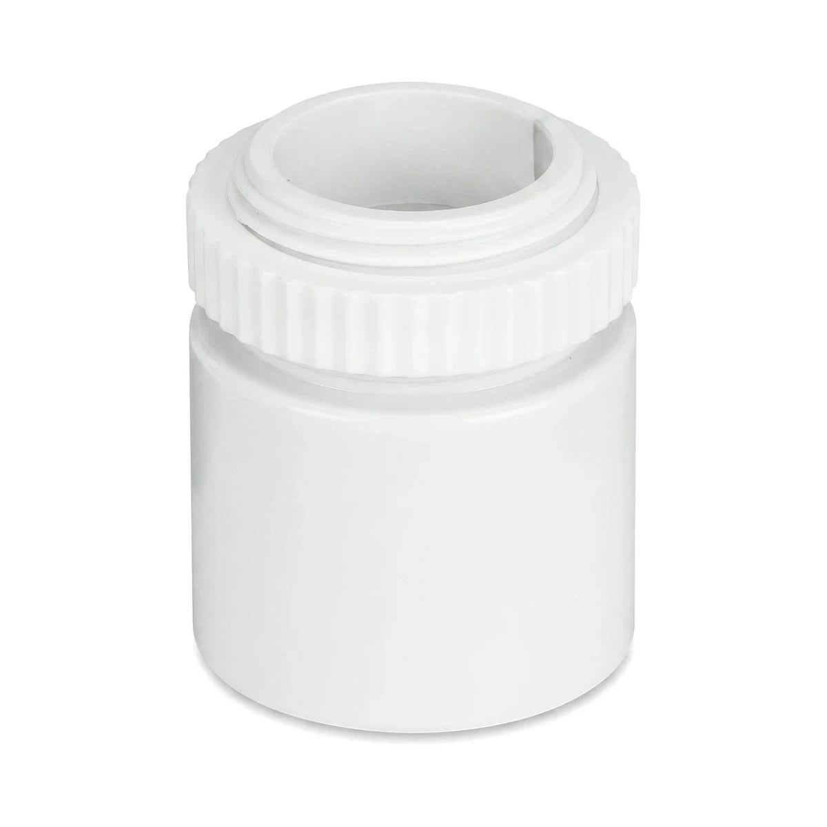 White plastic 20mm male adapter with a threaded top, designed for plumbing or pipe connections, shown in a straight-on view.