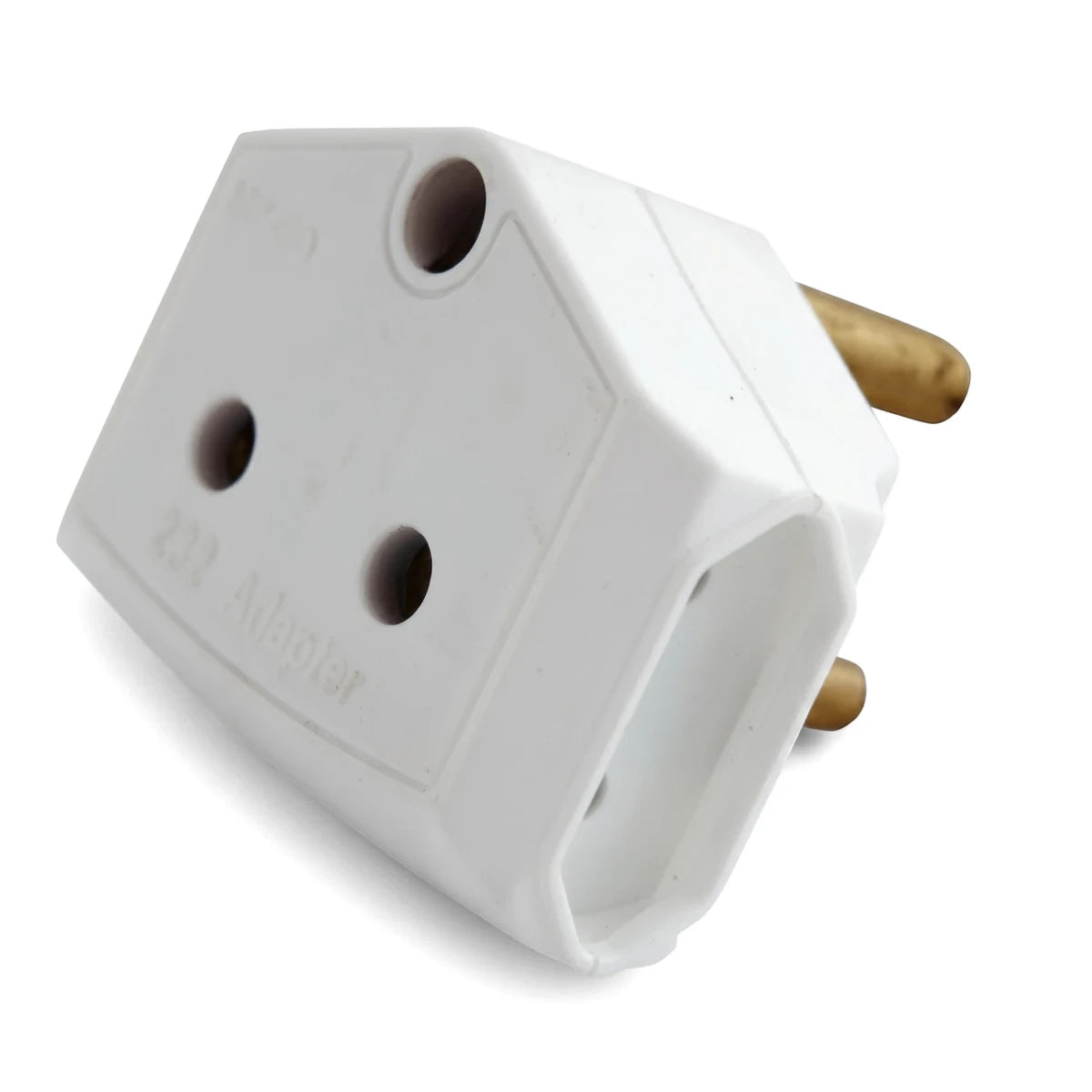 White plastic 232 electrical adapter with three brass pins and multiple socket ports, angled view.