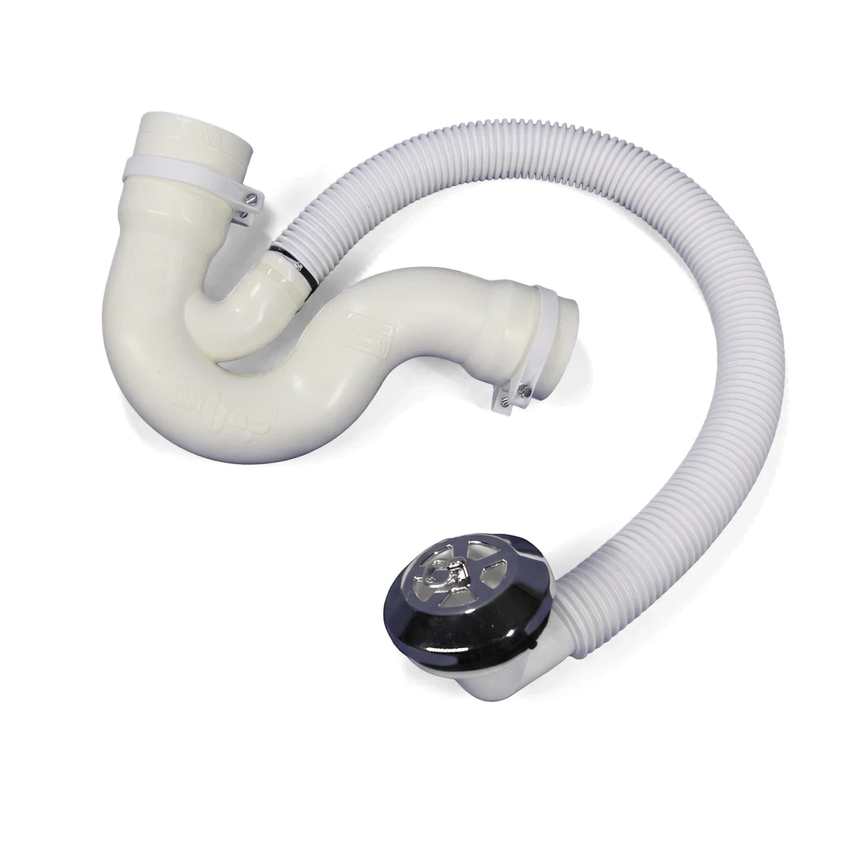 White plastic bath trap with integrated overflow and flexible corrugated hose, featuring a chrome drain cover for 38mm waste.