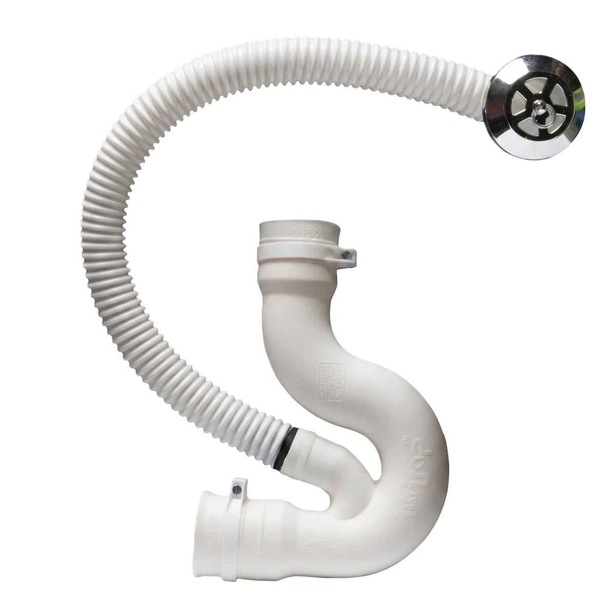 White plastic bath trap with overflow, featuring a flexible corrugated hose and a chrome drain fitting, viewed from the
