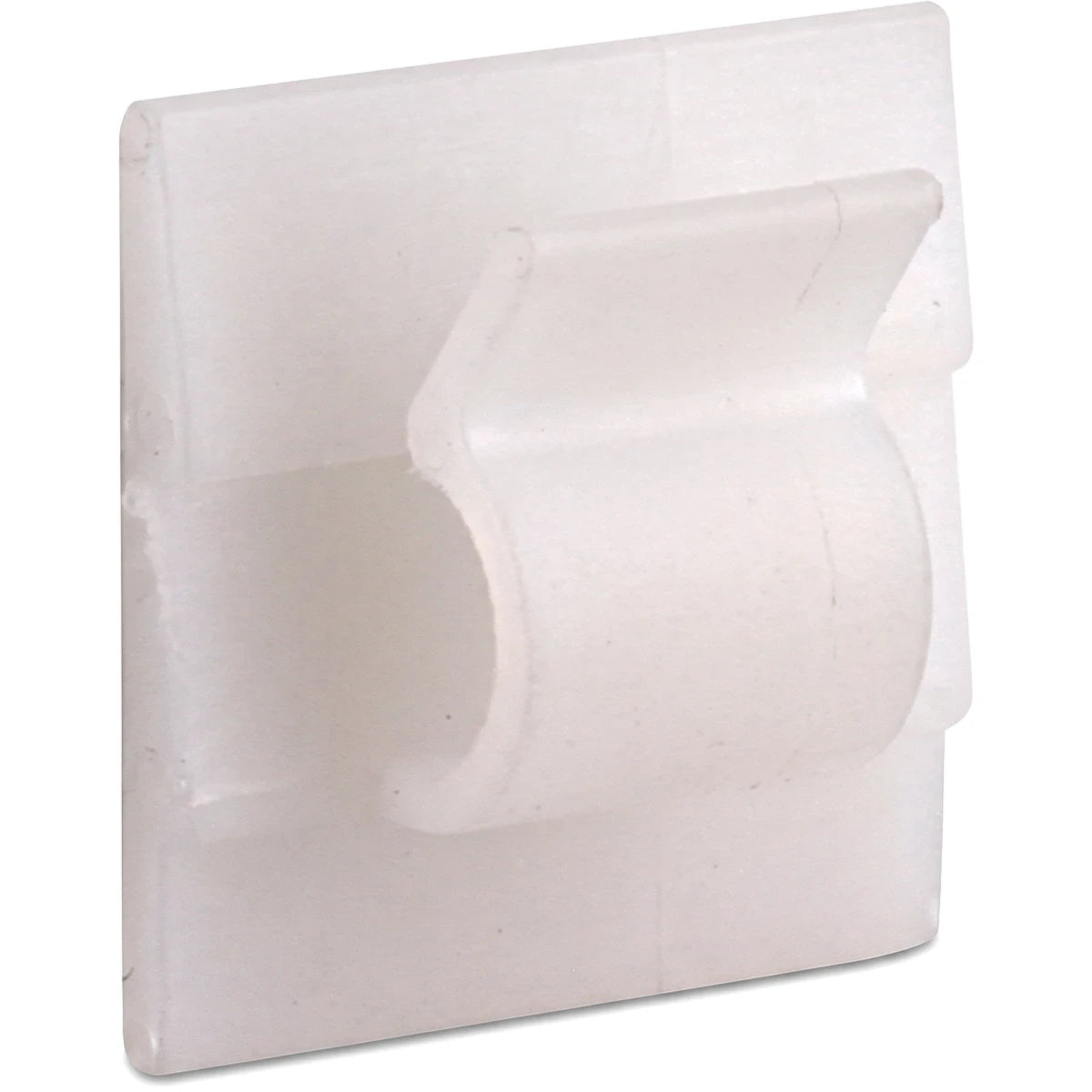 White plastic cable clamp mount pad, 9.5 x 18.5mm, designed for organizing cables, angled view.