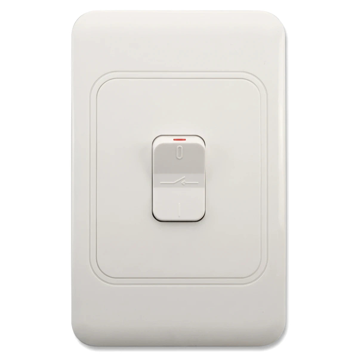 White plastic electrical wall plate featuring a single toggle switch in the off position with a red indicator.