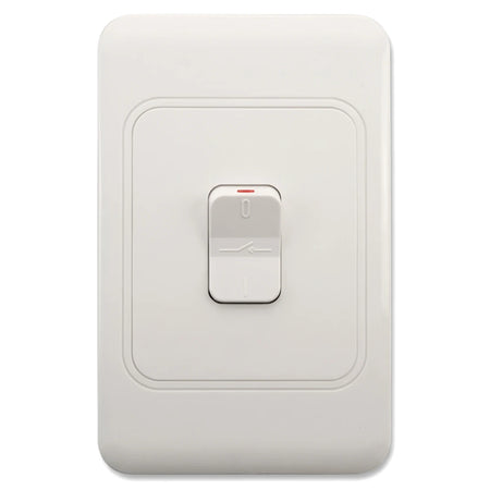 White plastic electrical wall plate featuring a single toggle switch in the off position with a red indicator.