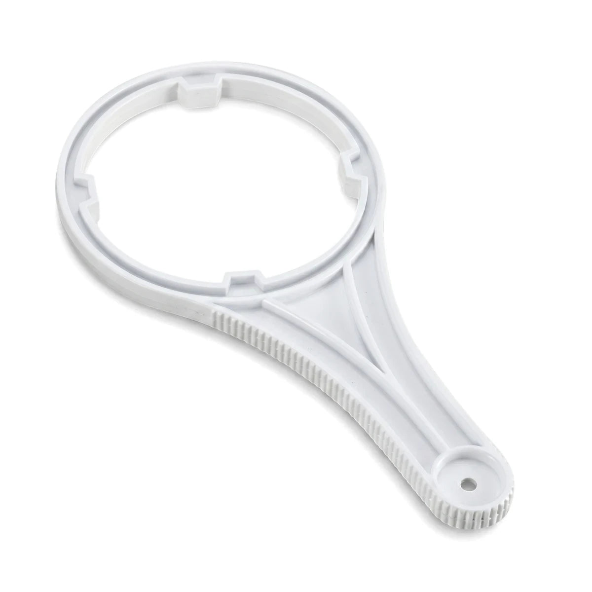 White plastic filter housing spanner wrench for 10 and 20 inch Big Blue housings, shown angled on a white background.