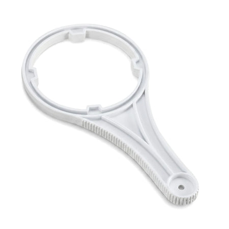 White plastic filter housing spanner wrench for 10 and 20 inch Big Blue housings, shown angled on a white background.
