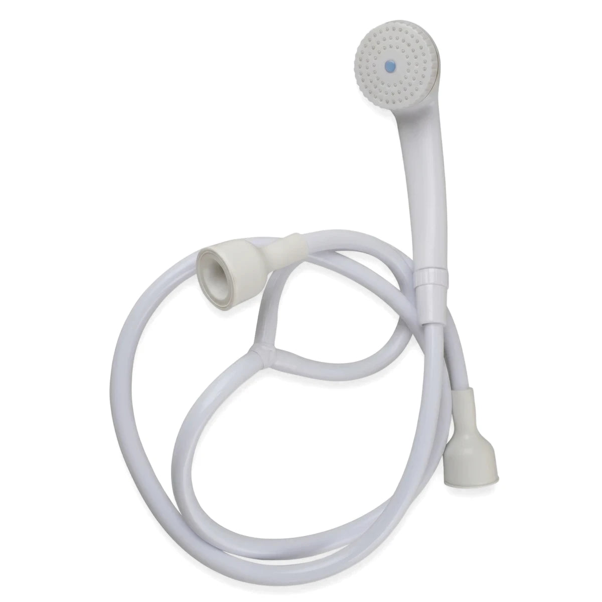White plastic handheld shower head with a flexible hose, coiled and ready for installation in a bathroom.