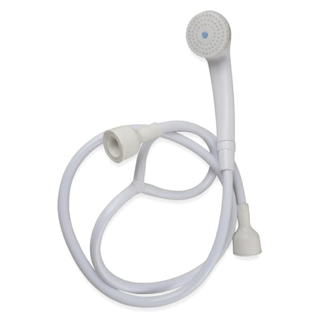 White plastic handheld shower head with a flexible hose, coiled and ready for installation in a bathroom.