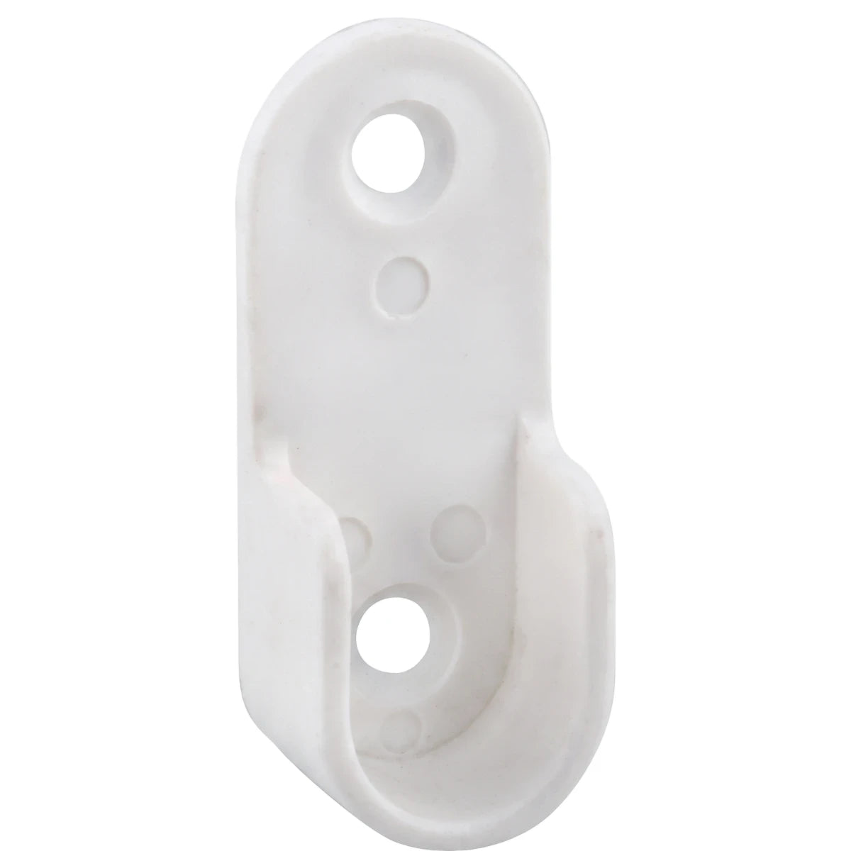 White plastic open rail bracket, 15mm, featuring two large mounting holes and a curved open design for holding a rail, shown