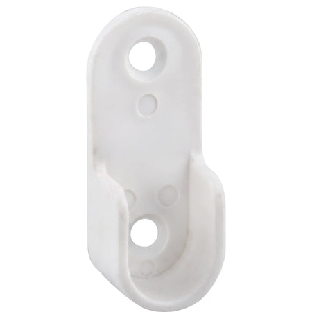 White plastic open rail bracket, 15mm, featuring two large mounting holes and a curved open design for holding a rail, shown