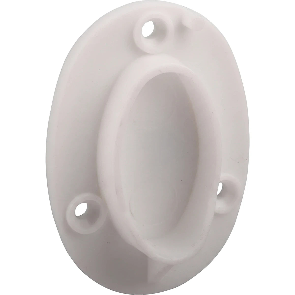White plastic oval rail bracket, 19mm, for closet rods, with three mounting holes, shown from a slightly angled view.