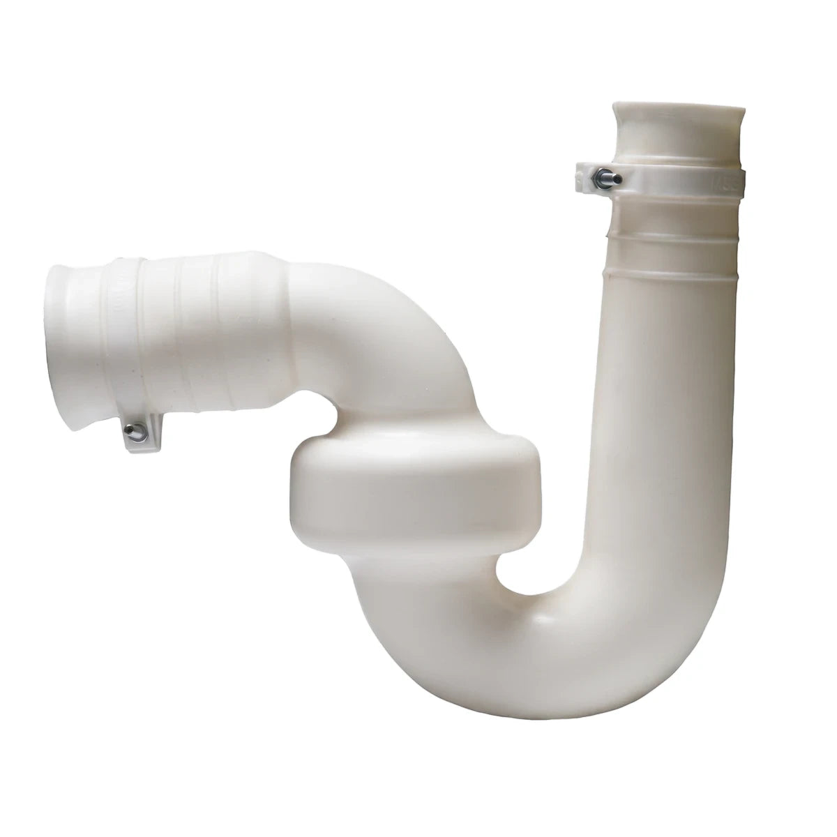 White plastic 32x32mm P-trap with a reseal component, featuring a distinct bent pipe shape and two metal clamps.