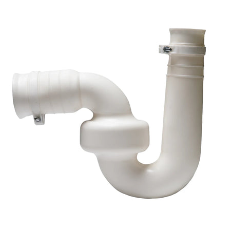 White plastic 32x32mm P-trap with a reseal component, featuring a distinct bent pipe shape and two metal clamps.