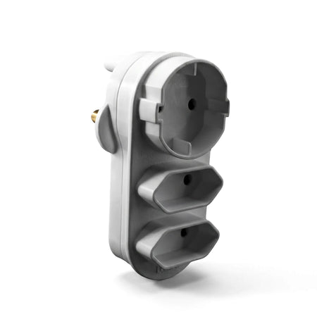 White plastic power adapter featuring one Schuko socket, two Euro sockets, and a Type E/F plug, presented on a clean